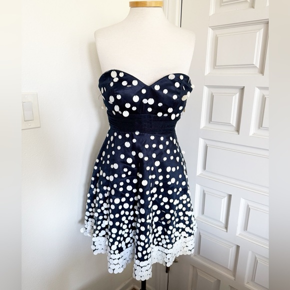 Jovani Navy Blue White Polka-Dot Dress Cocktail Party Rare Unique